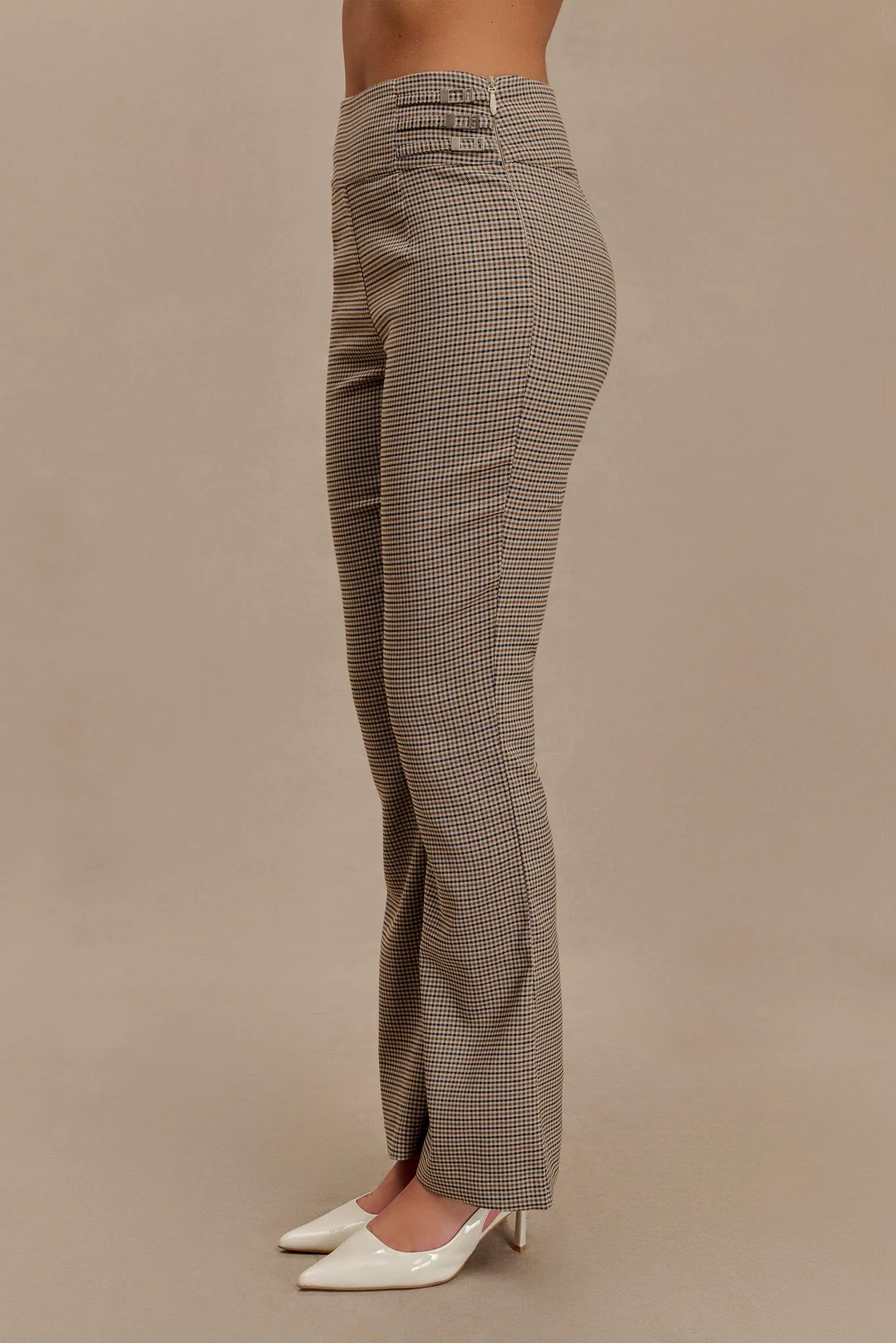 Snag Free Fabric Sweeney Mid Rise Buckle Straight Leg Pant - Tan Check