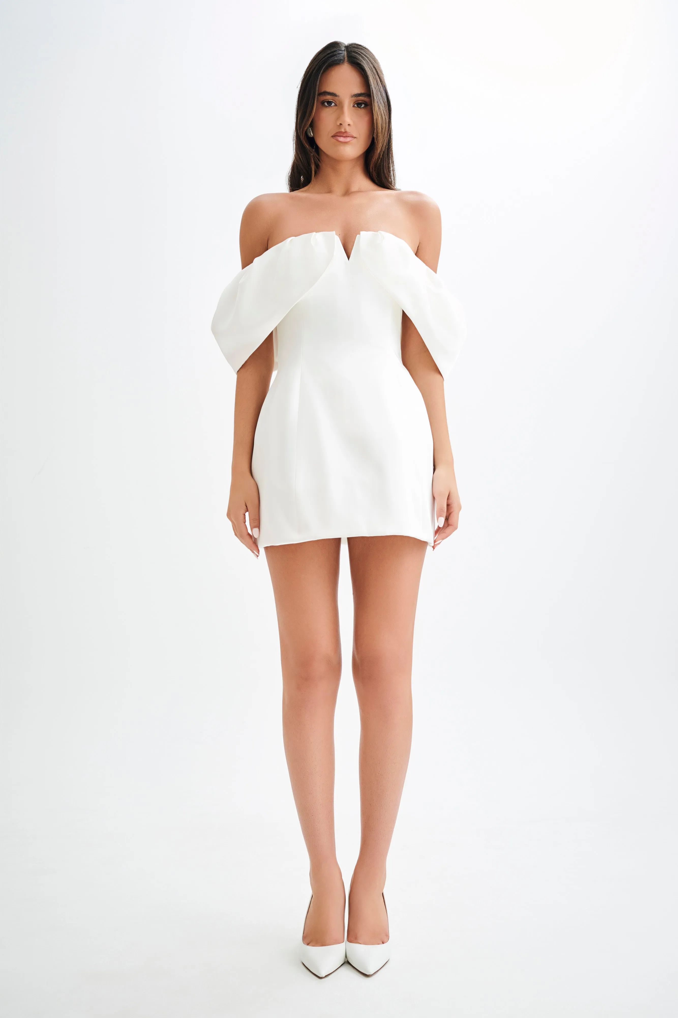 Wrap-Style Clasp-Closure Portia Off Shoulder Satin Corset Dress - White