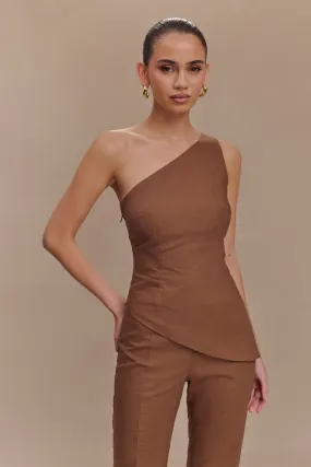 Soft Cotton Dora Linen One Shoulder Top - Cacao Brown