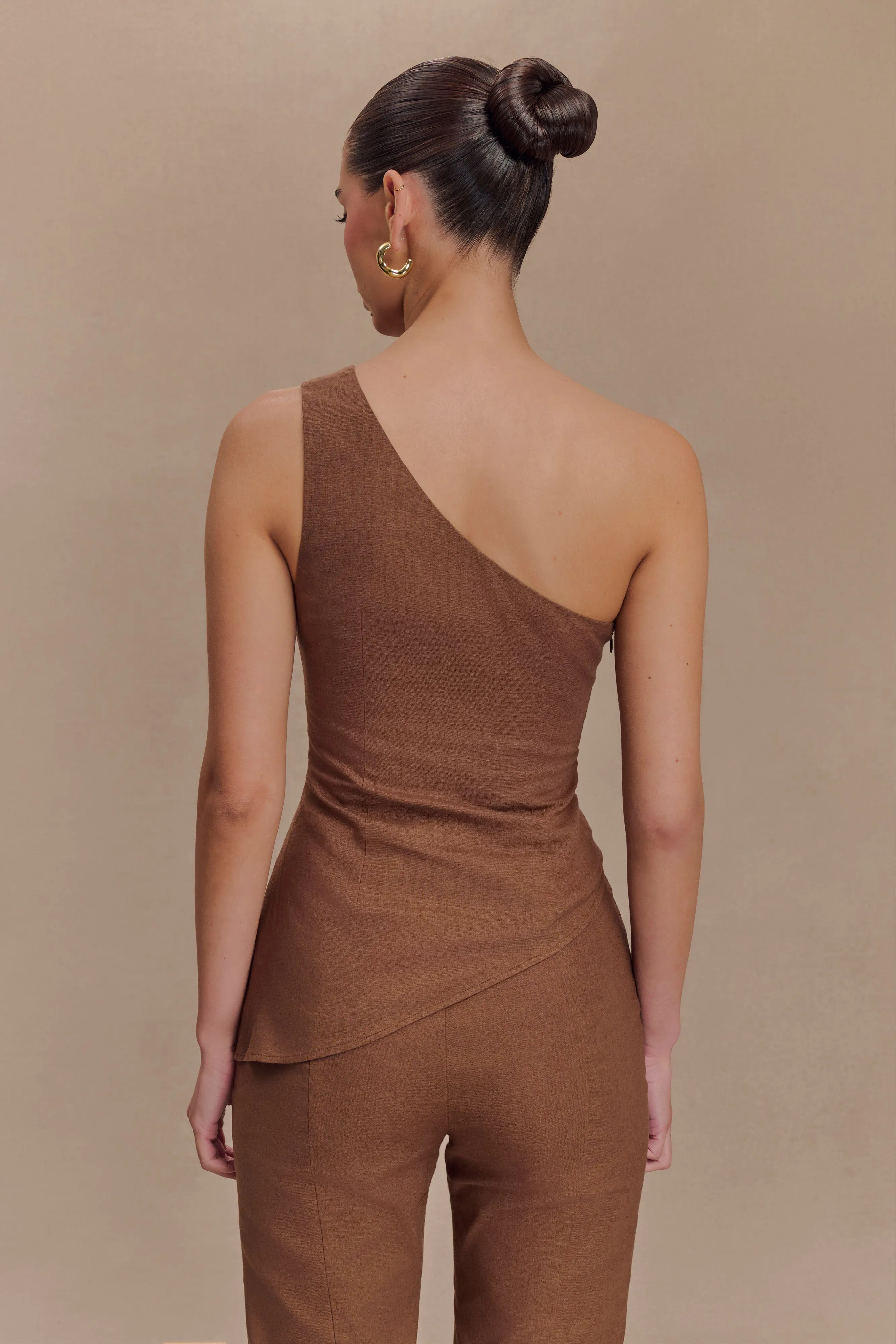 Dora Linen One Shoulder Top - Cacao Brown Tagless Comfort Collar Fitted Design