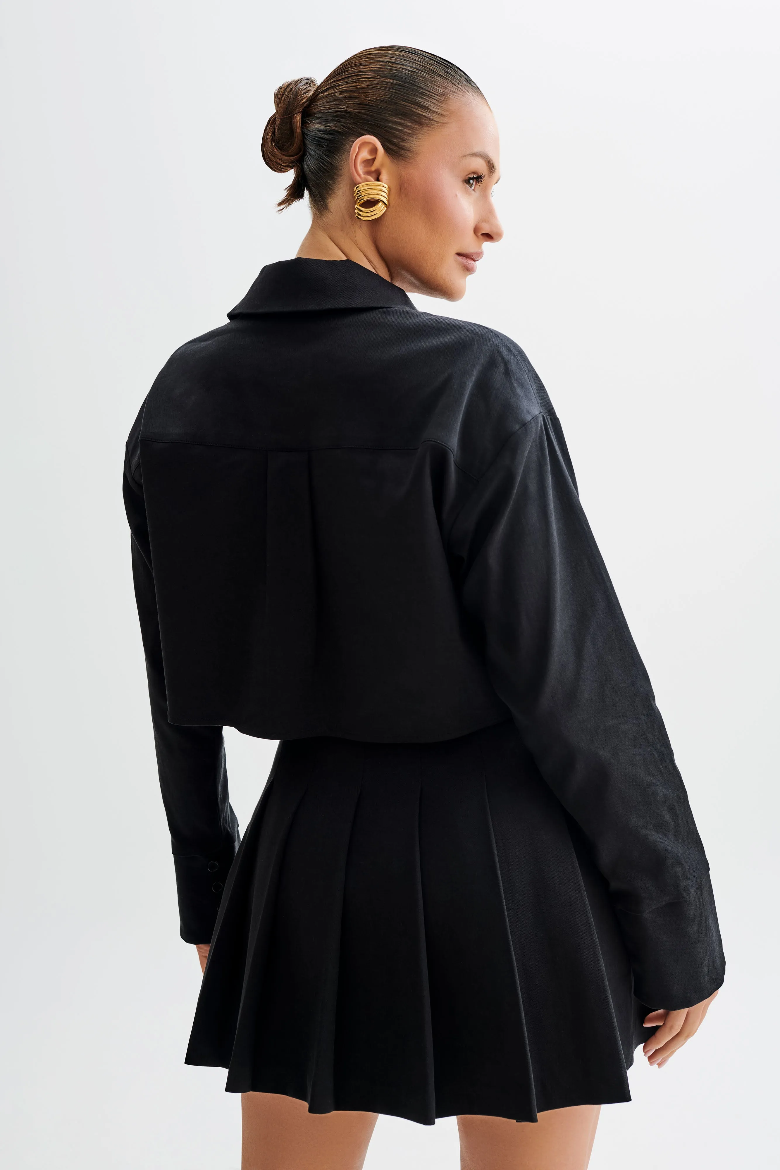 RibbedHemline Julianna Cotton Button Up Shirt - Black