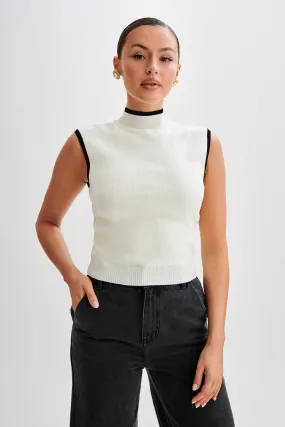 Laurina High Neck Contrast Top - Ivory Lightweight Eco Friendly Material