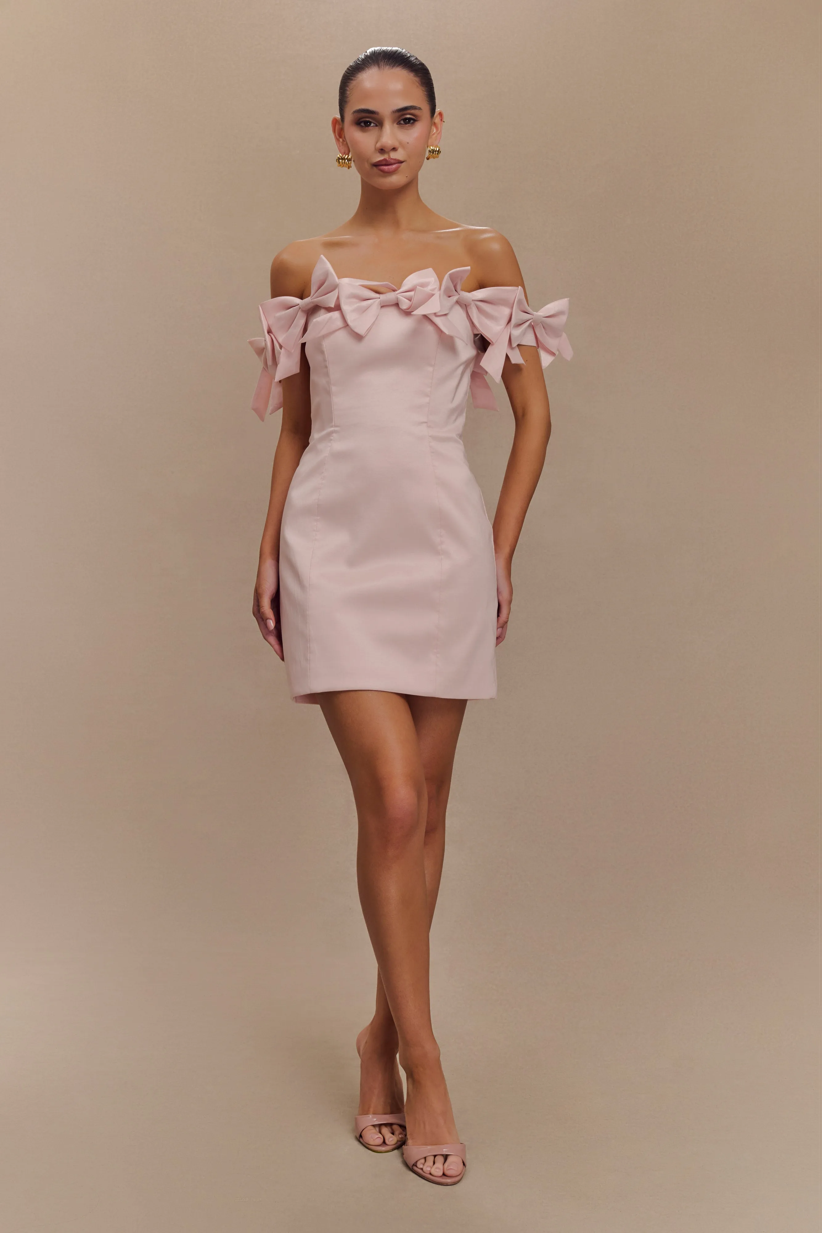 Rose Strapless Bow Mini Dress - Powder Pink Cool Shape Cozy Wearable