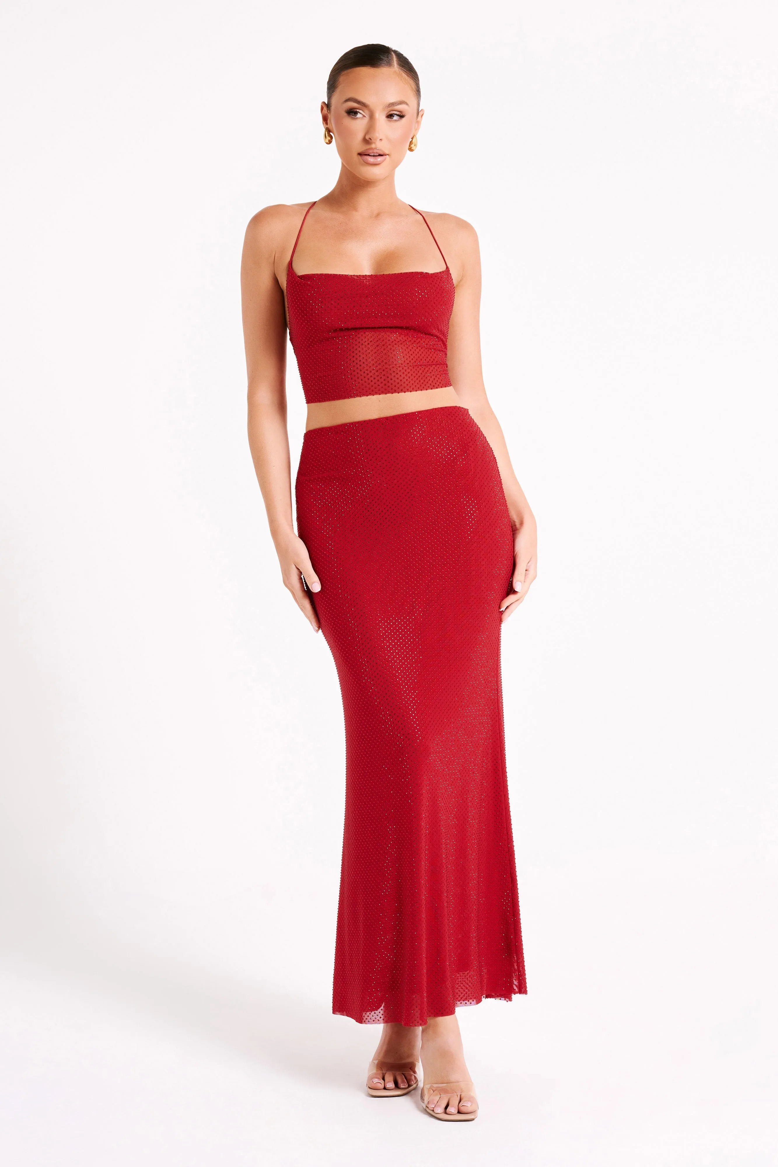 Taped Neckline Tamra Strappy Diamante Top - Vermilion Red