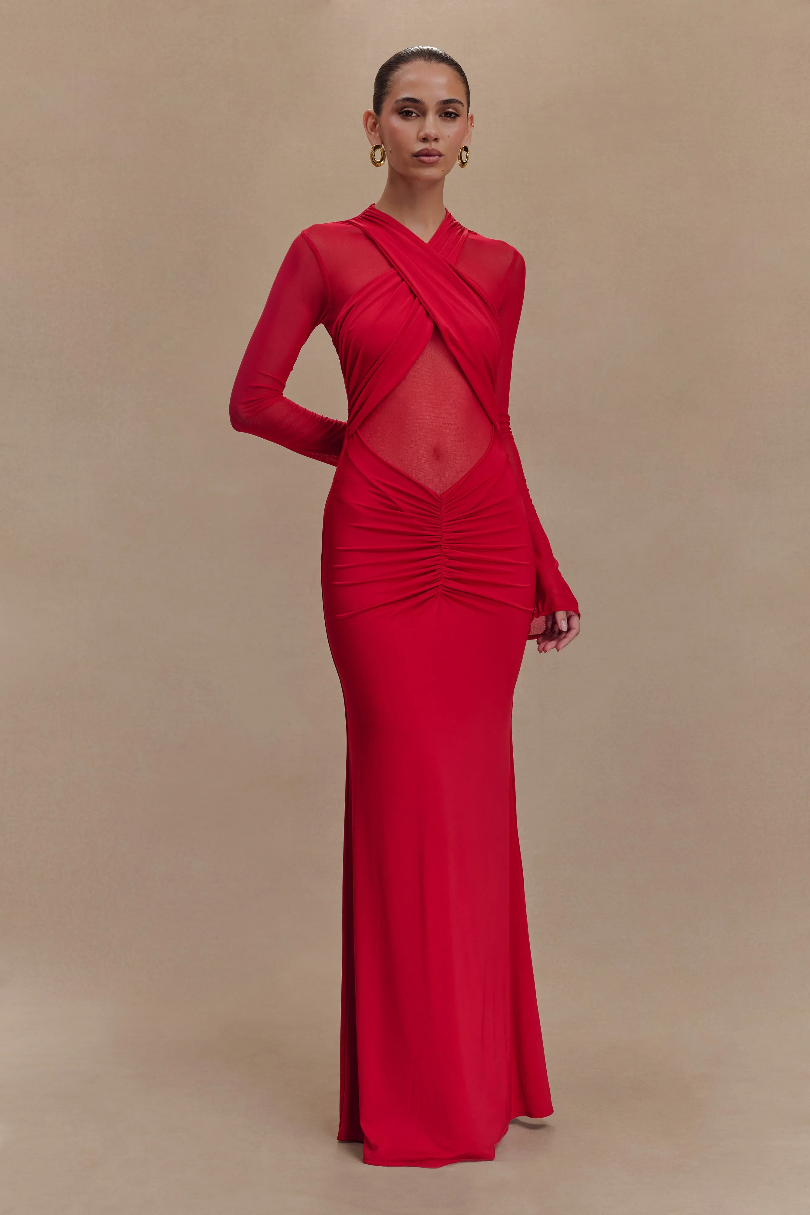 Tania Slinky And Mesh Long Sleeve Maxi Dress - Ruby Mood Look