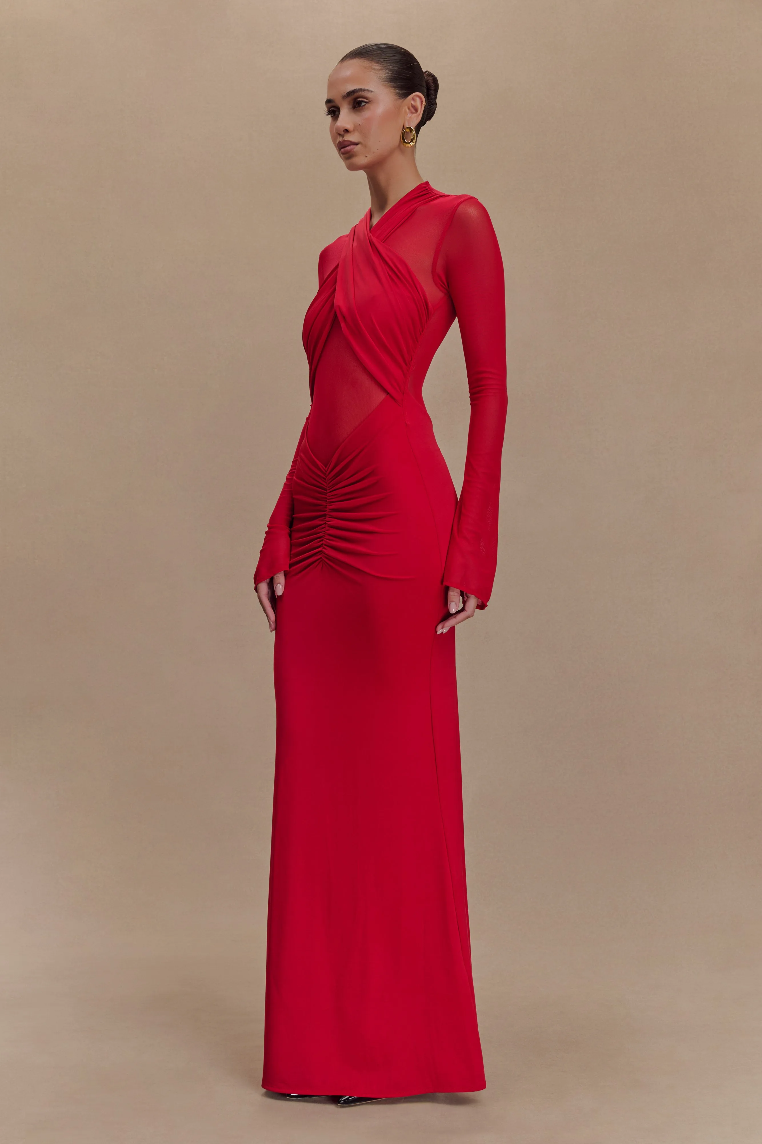 Casual Lines Winter Wrap Tania Slinky And Mesh Long Sleeve Maxi Dress - Ruby
