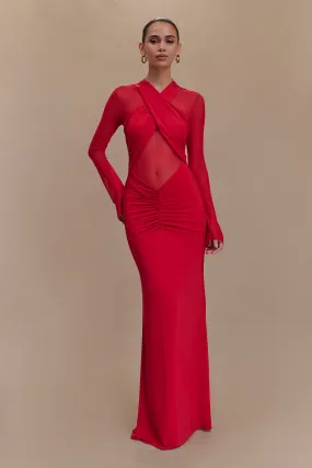 Tania Slinky And Mesh Long Sleeve Maxi Dress - Ruby Polished Motion