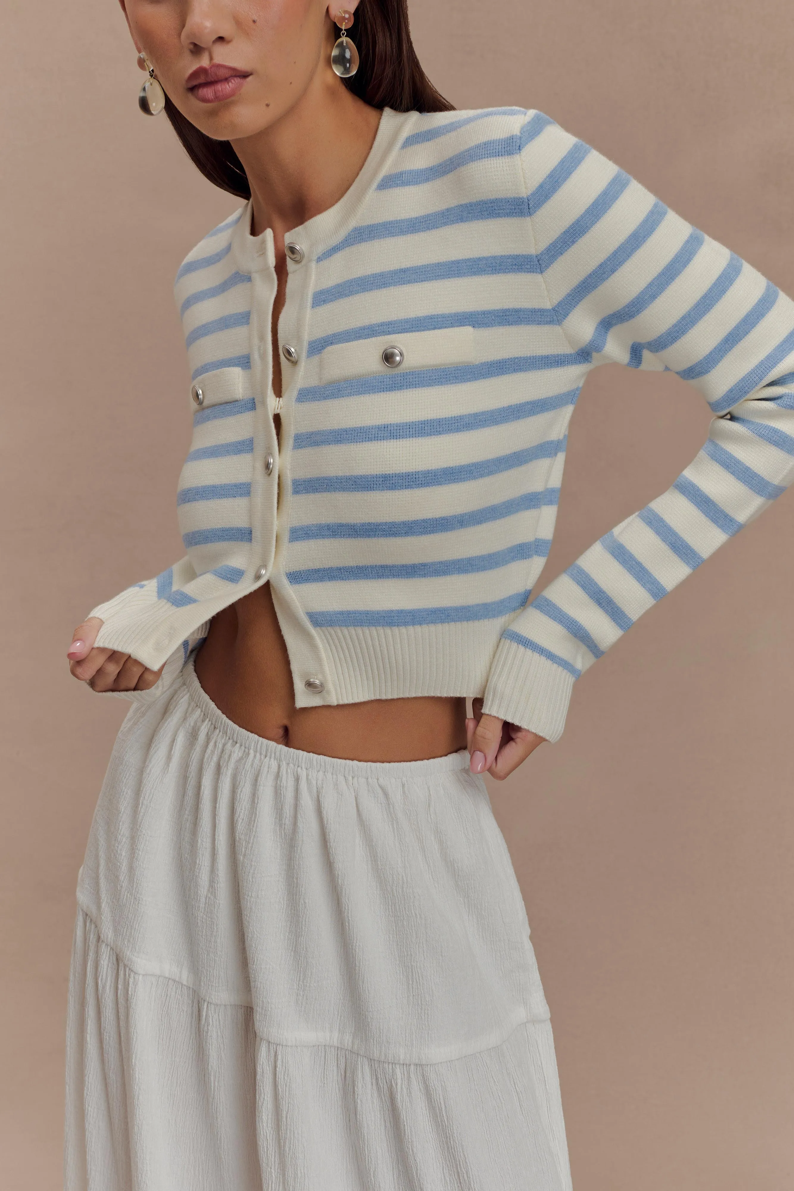 Tanner Striped Knit Cardigan - Light Blue/White Bright Color