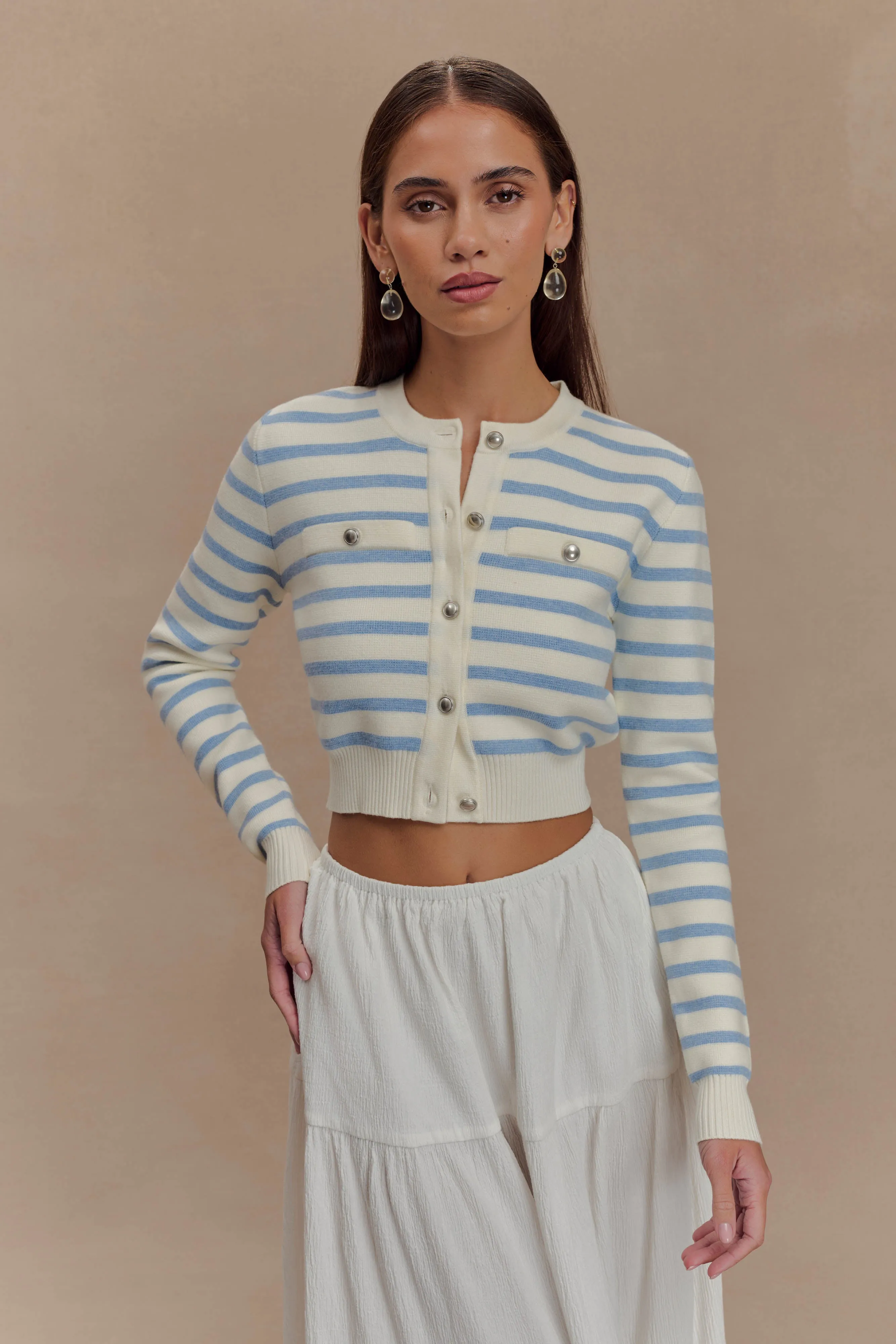 Thermal Lining Tanner Striped Knit Cardigan - Light Blue/White