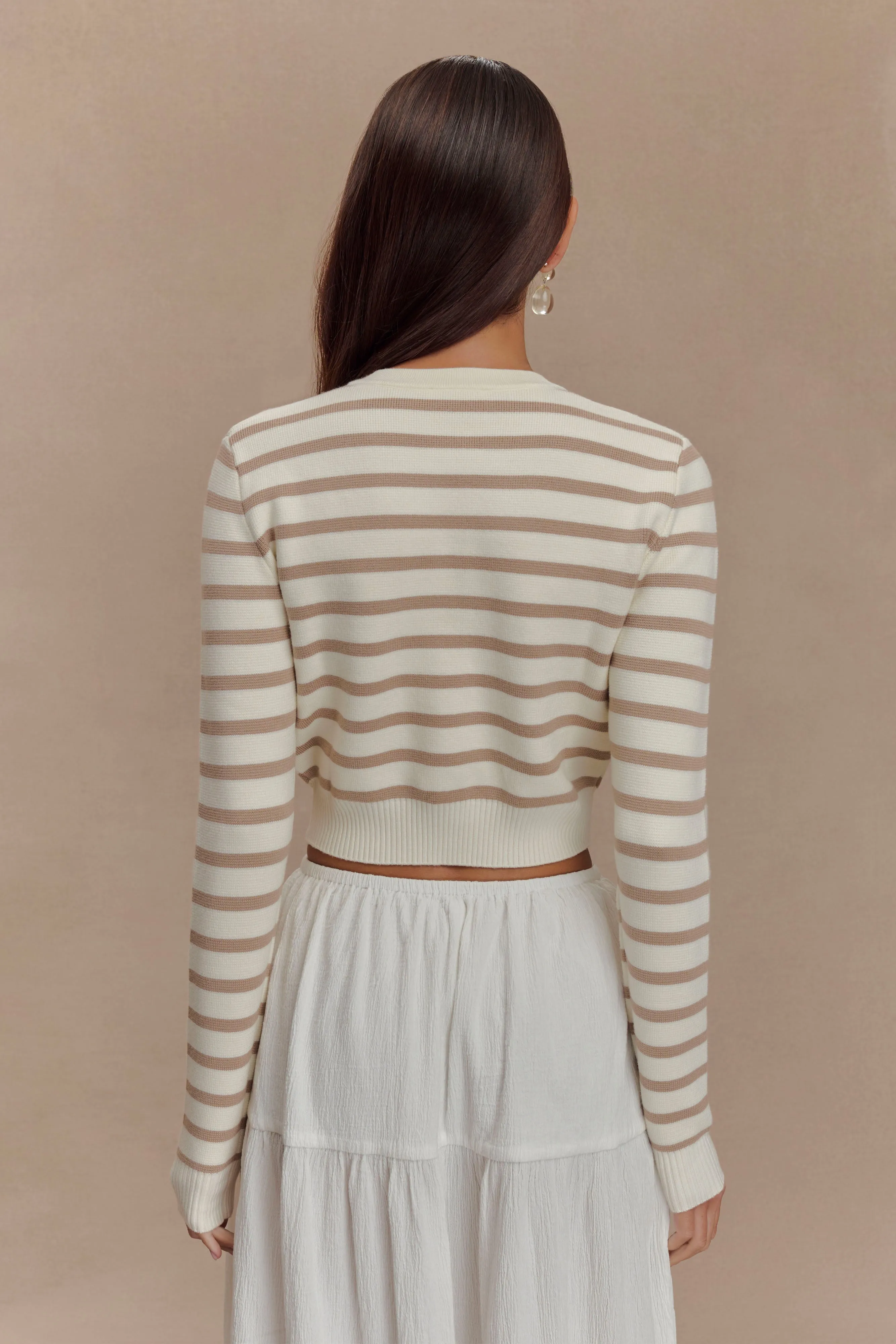 Adjustable Cuffs Tanner Striped Knit Cardigan - Nude/White