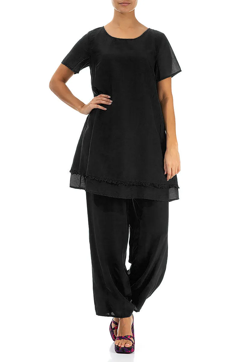 Low Profile Design elastic waistband Taper Black Silk Bamboo Trousers