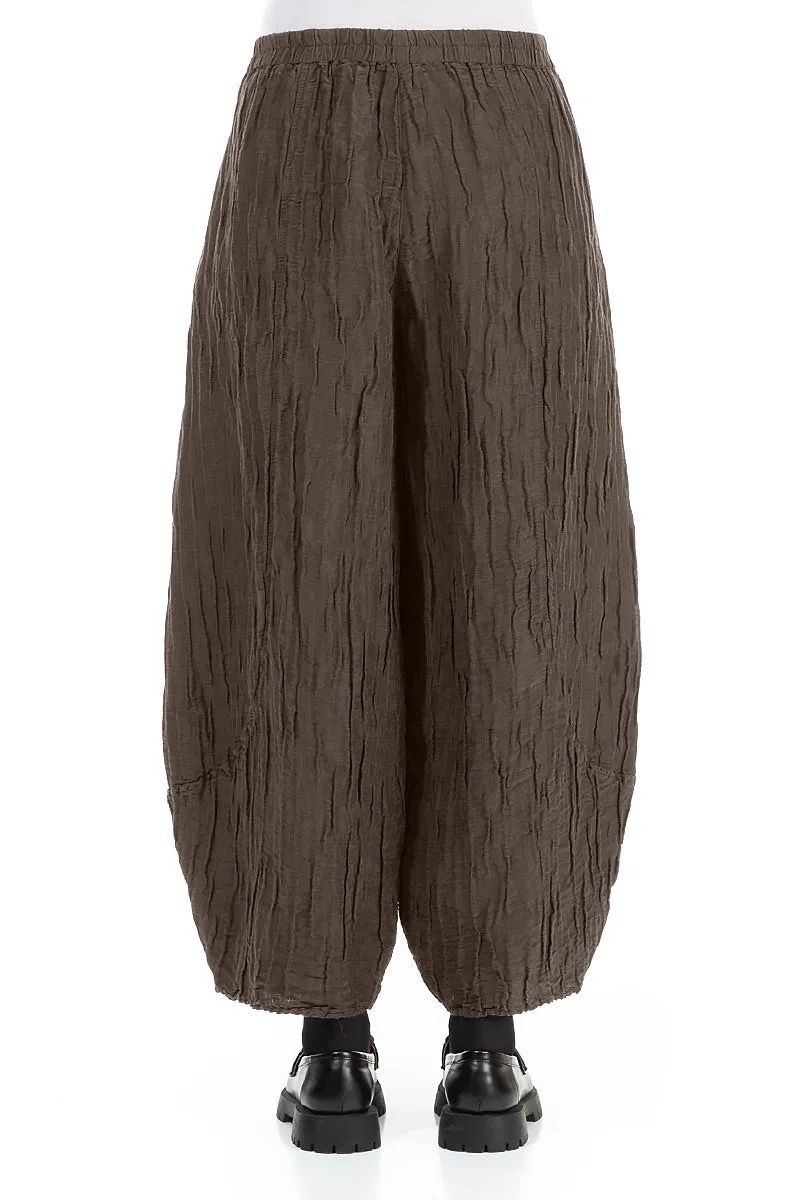 Taper Crinkled Forest Brown Silk Linen Trousers ExpandableSidePanels Go Anywhere