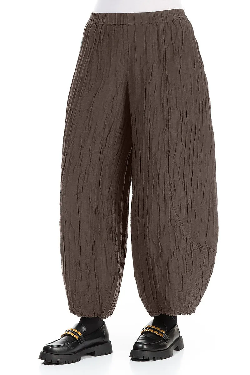 Soft Interior Taper Crinkled Forest Brown Silk Linen Trousers