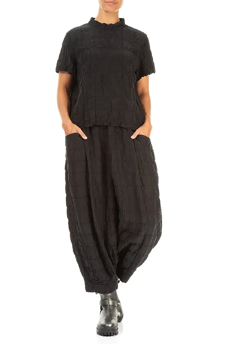 Water Resistant Practical Wear Taper Pleated Black Silk Linen Trousers