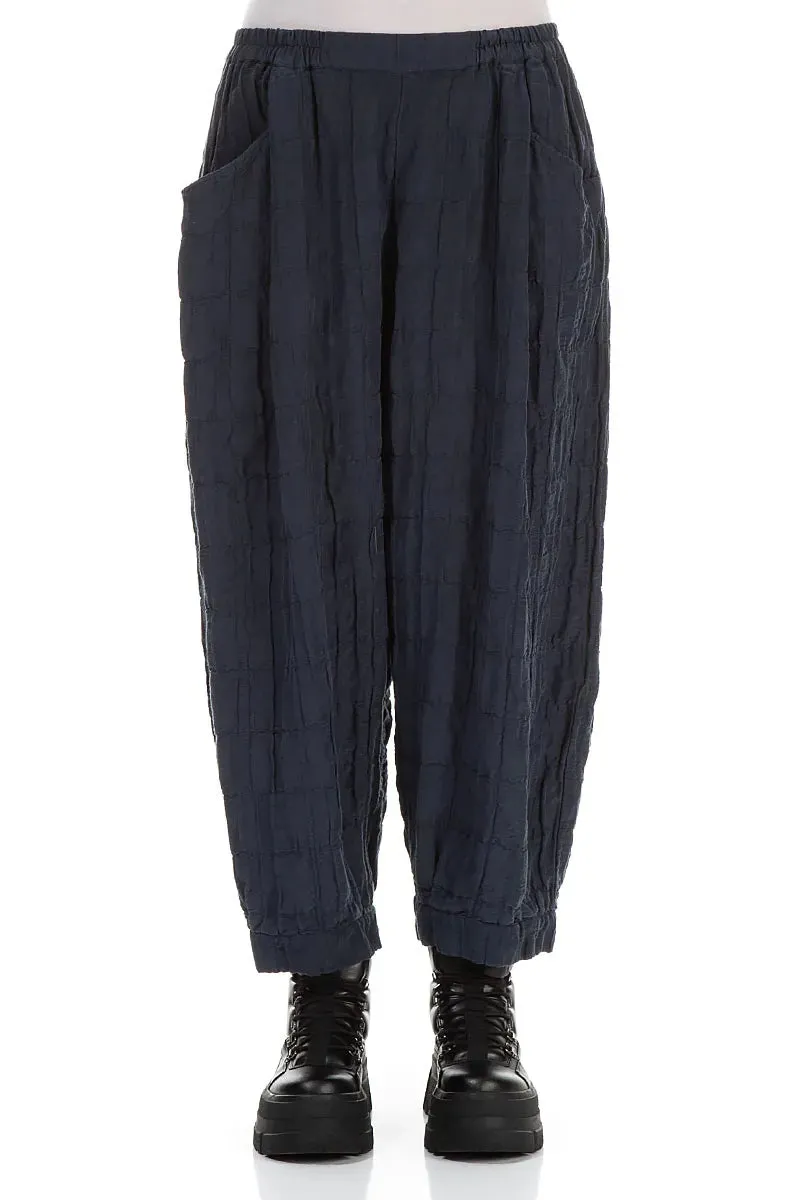 ElasticWaist Versatile Wear Taper Pleated Slate Blue Silk Linen Trousers