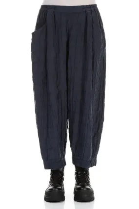 ElasticWaist Versatile Wear Taper Pleated Slate Blue Silk Linen Trousers