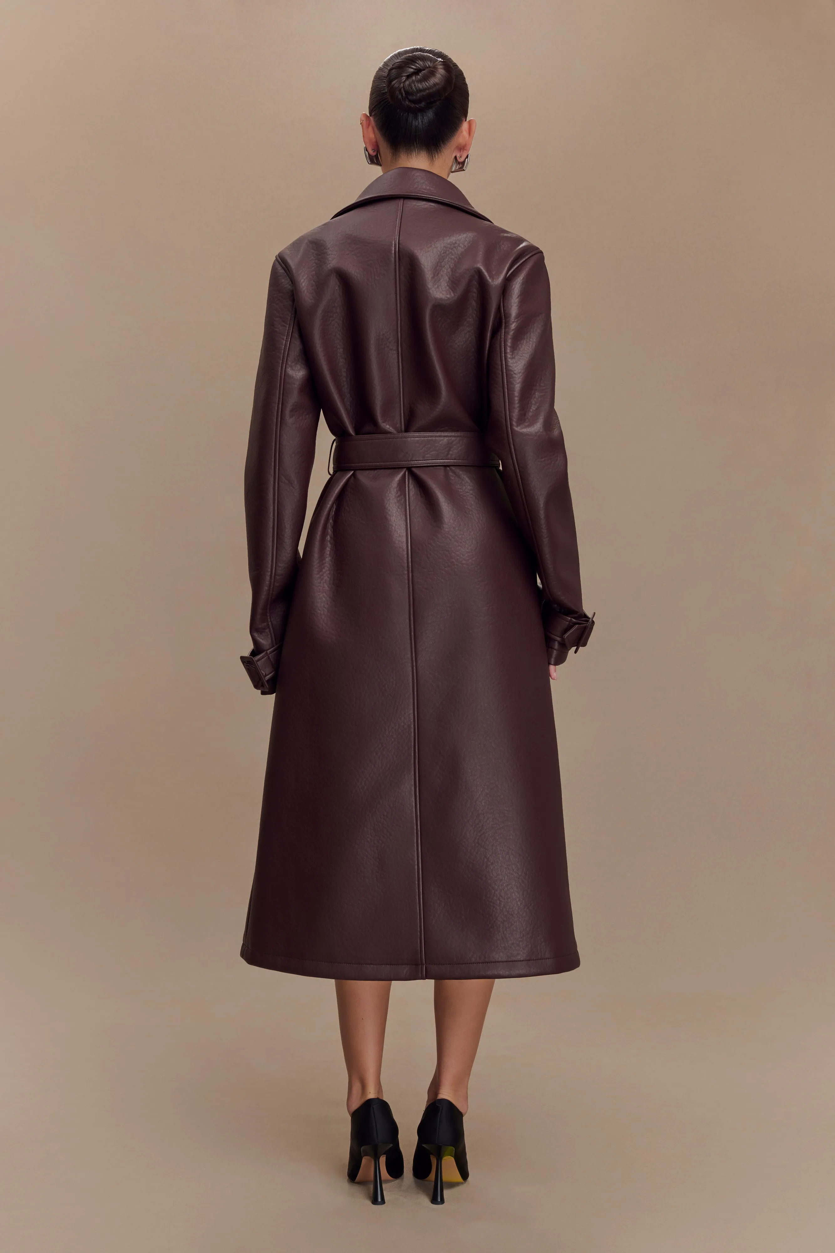 Tarah Faux Leather Trench Coat - Cacao Brown ErgonomicSleeveCut Stylish Outer Layer