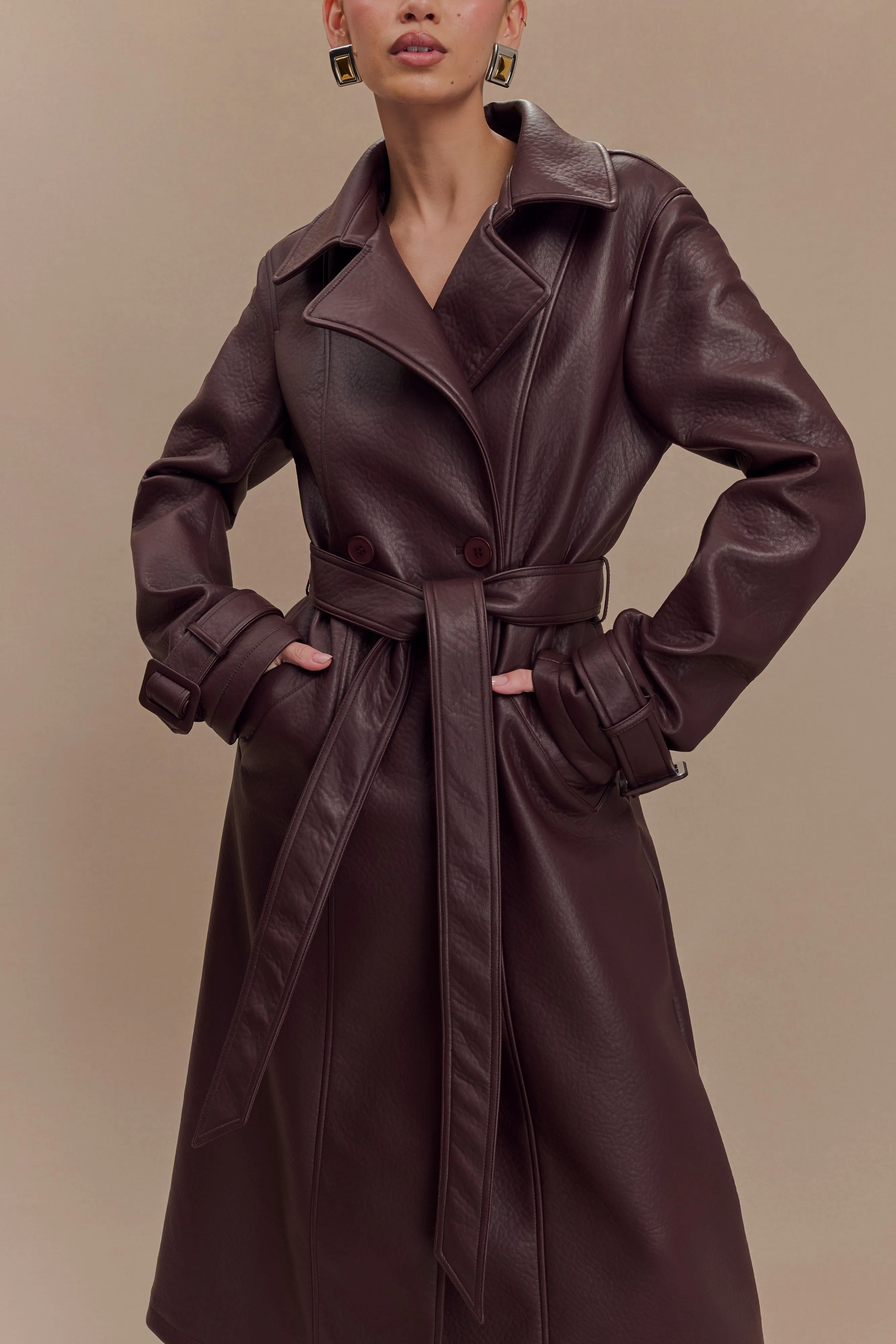 Simple Detail Tarah Faux Leather Trench Coat - Cacao Brown