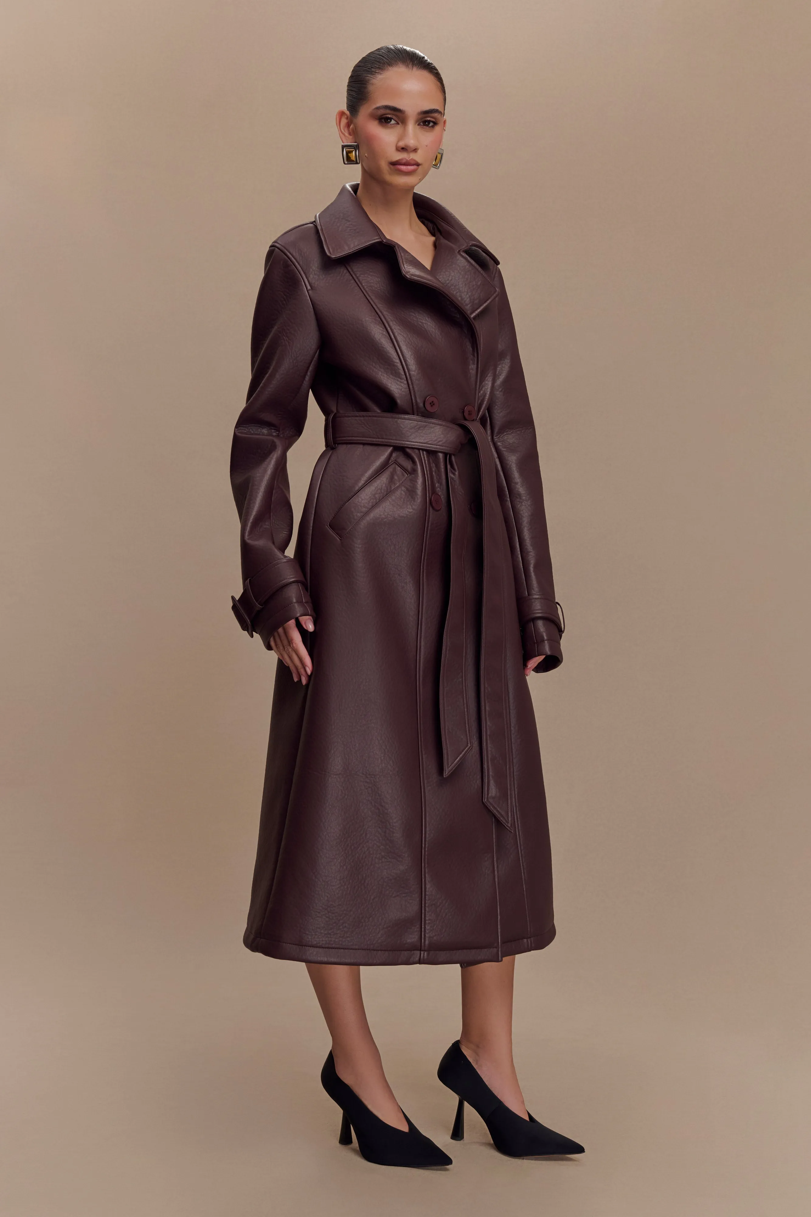 Secure Chest Pocket FlexibleCuffSystem Tarah Faux Leather Trench Coat - Cacao Brown