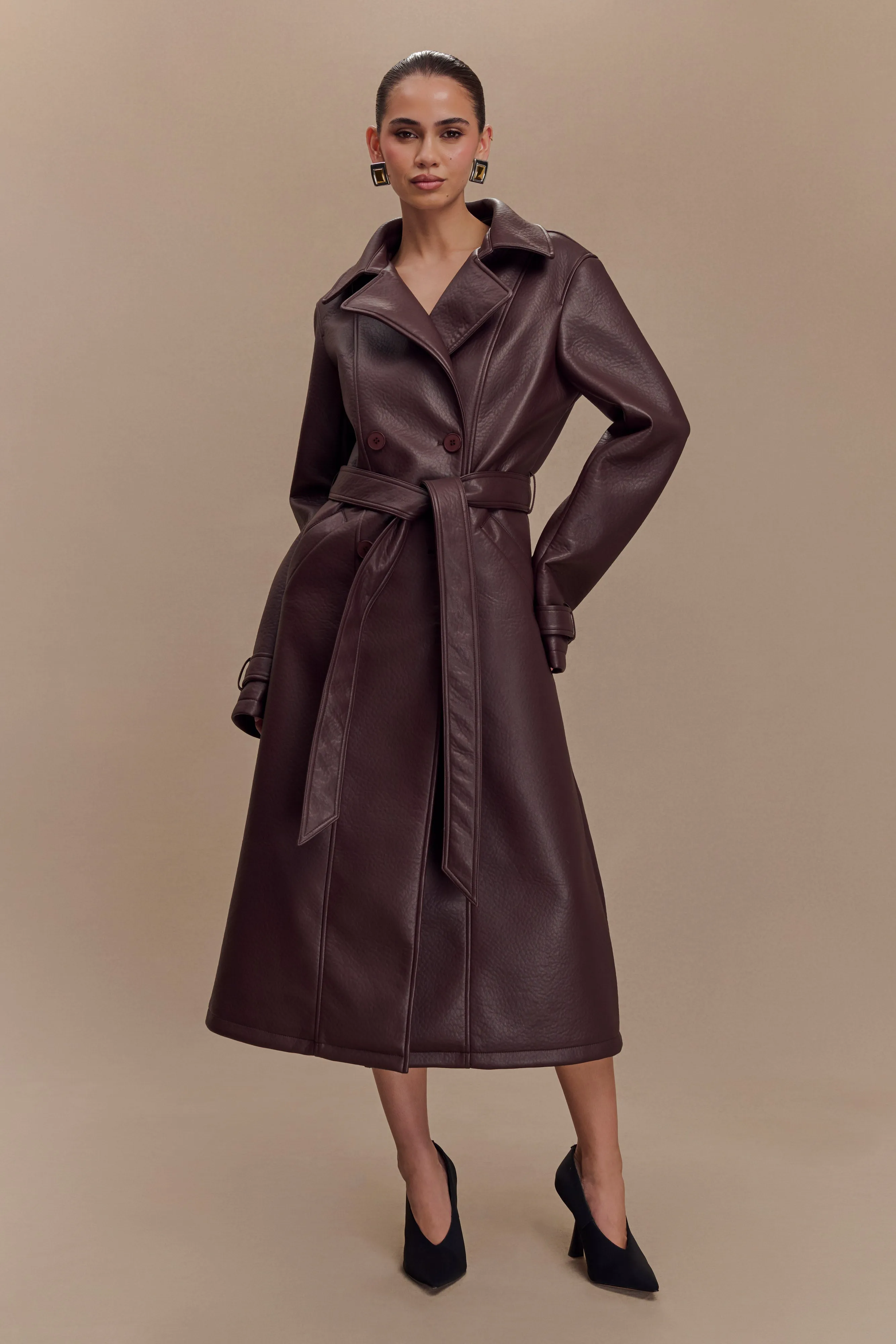 Tarah Faux Leather Trench Coat - Cacao Brown SoftInnerLayer Balanced Insulation