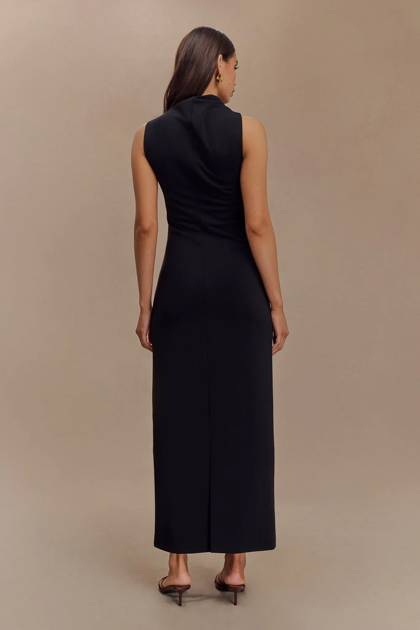 Taylor Draped Stretch Crepe Midi Dress - Black Satin Soft Bright Feel