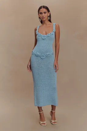 French Vibe Teagan Floral Hand Crochet Midi Dress - Blue