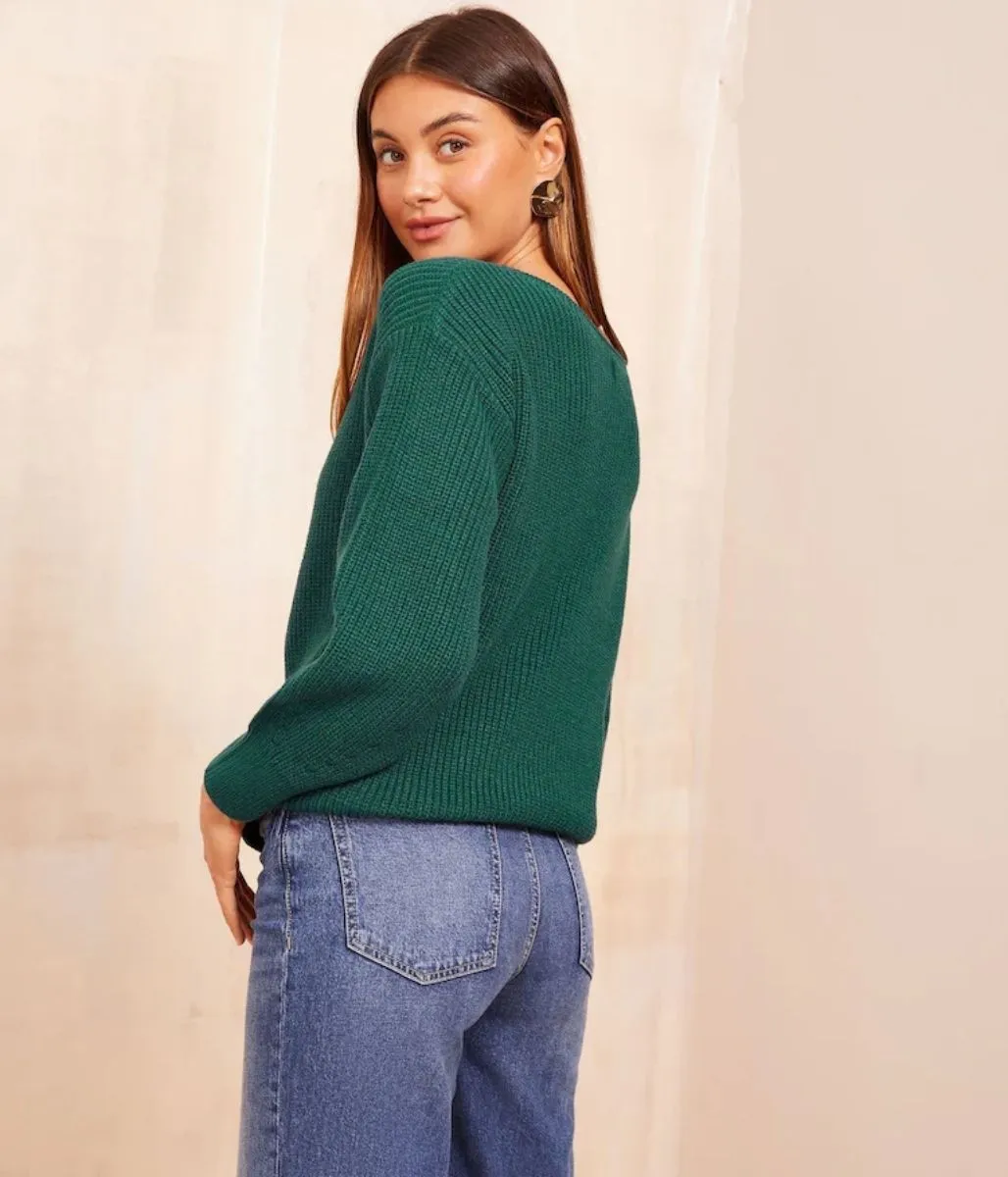Teal Boat Neck Knitted Jumper Lightweight Style Hypoallergenic Fiber