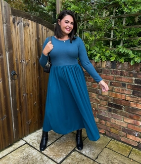Teal Knitted Bodice Midi Dress Slim Touch