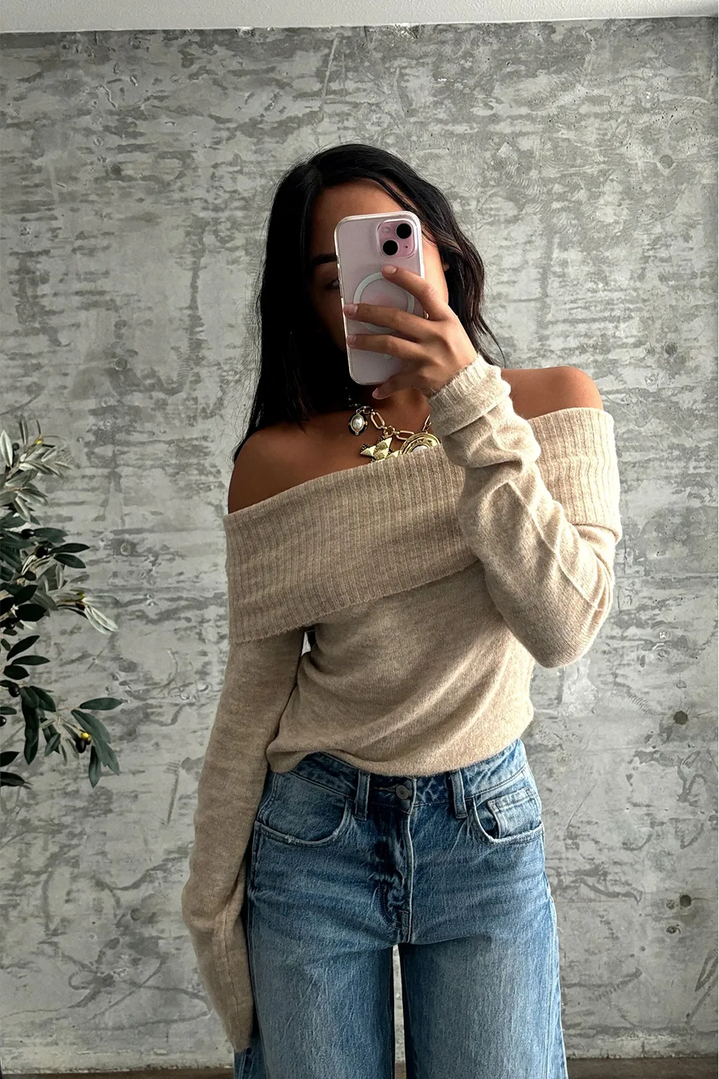 3D Spacer Fabric Reinforced Neckline Detail Nora Beige Off the Shoulder Sweater