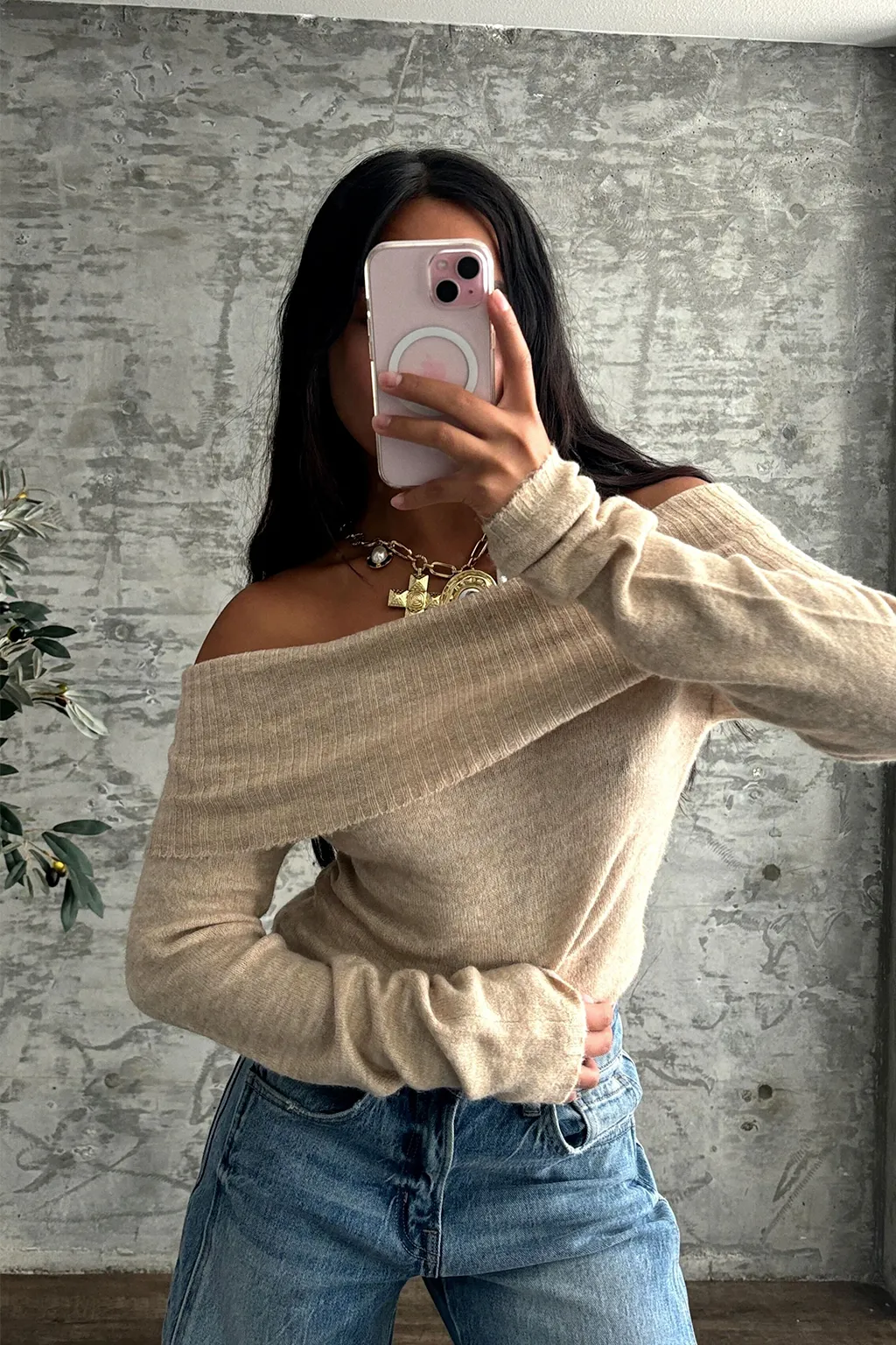 UVProtectionCoating Nora Beige Off the Shoulder Sweater