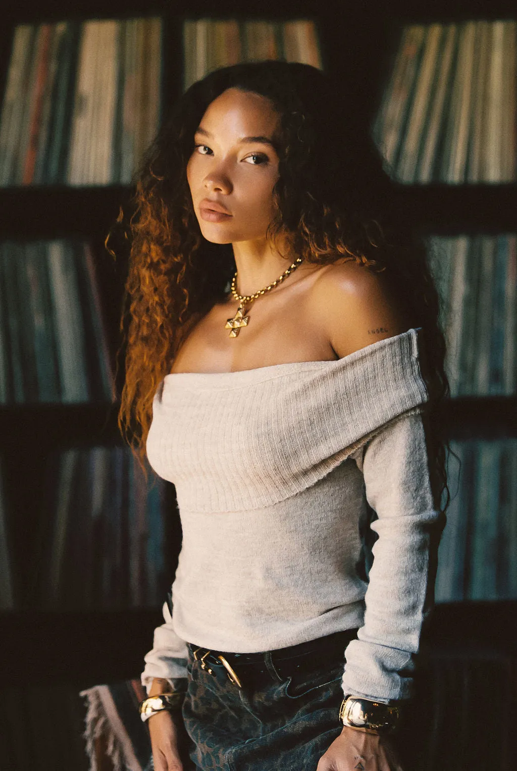 Simple Cut Nora Beige Off the Shoulder Sweater