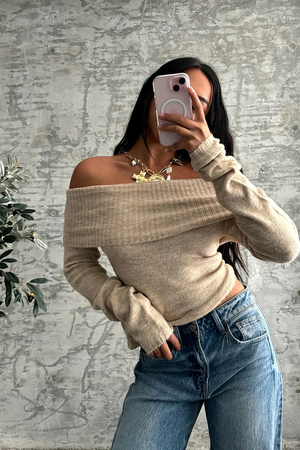 Trendy Sweater Nora Beige Off the Shoulder Sweater