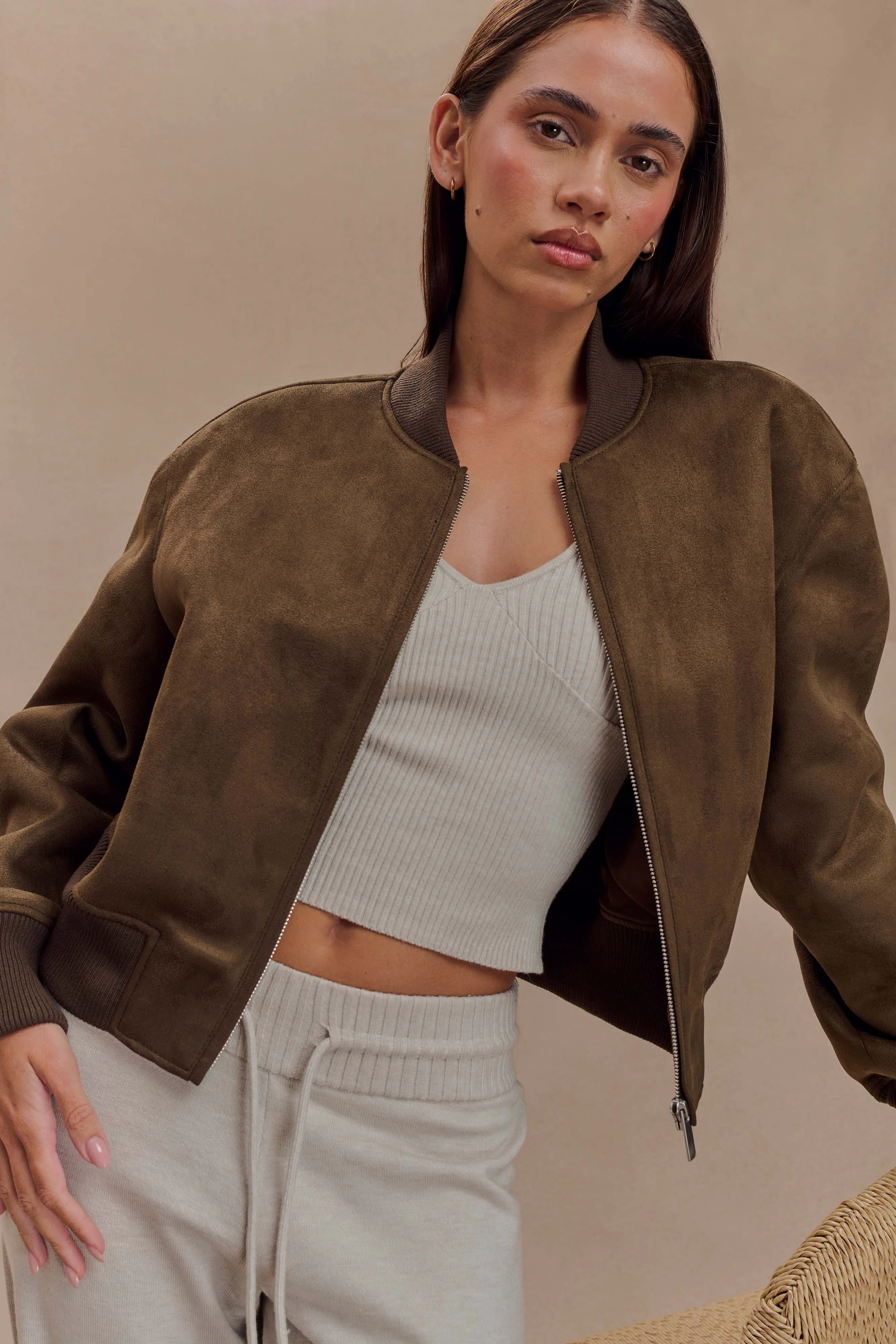 Rudy Suede Bomber Jacket - Chocolate Chill Proof Style Quick Pull Zipper