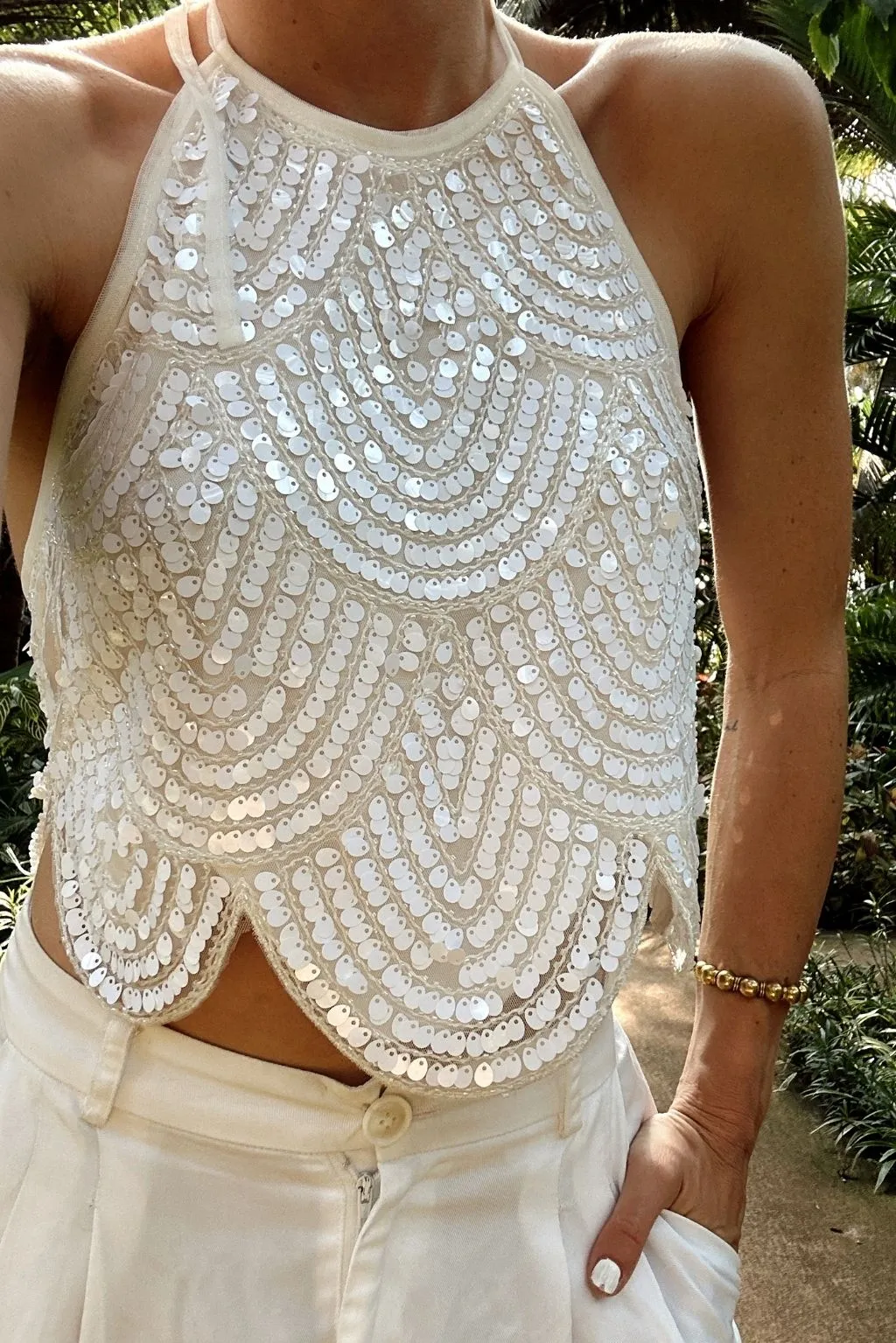 Cleo White Sequin Halter Tie Top LightweightLayeredFabric
