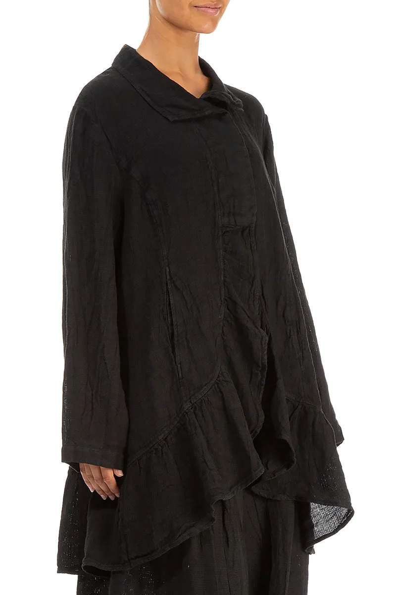 Cool Tone Abrasion Resistant Edges Frilled Edge Black M??lange Linen Jacket
