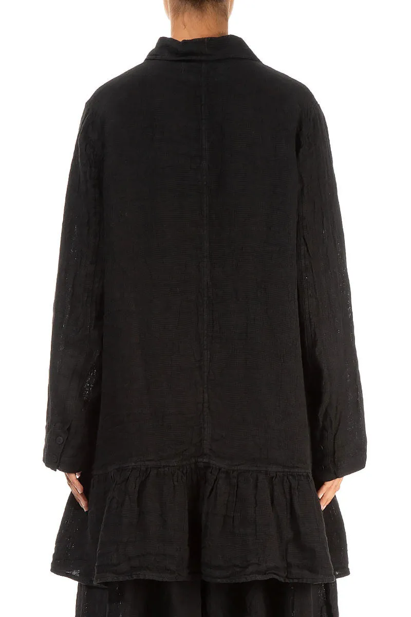 Gloss Free Texture Reinforced Seams Frilled Edge Black M??lange Linen Jacket