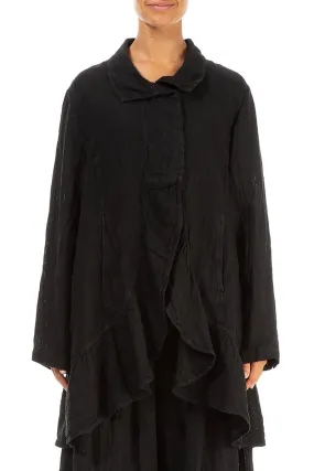 Frilled Edge Black M??lange Linen Jacket Glove Friendly Cuff Design Elastic Hem Adjustment