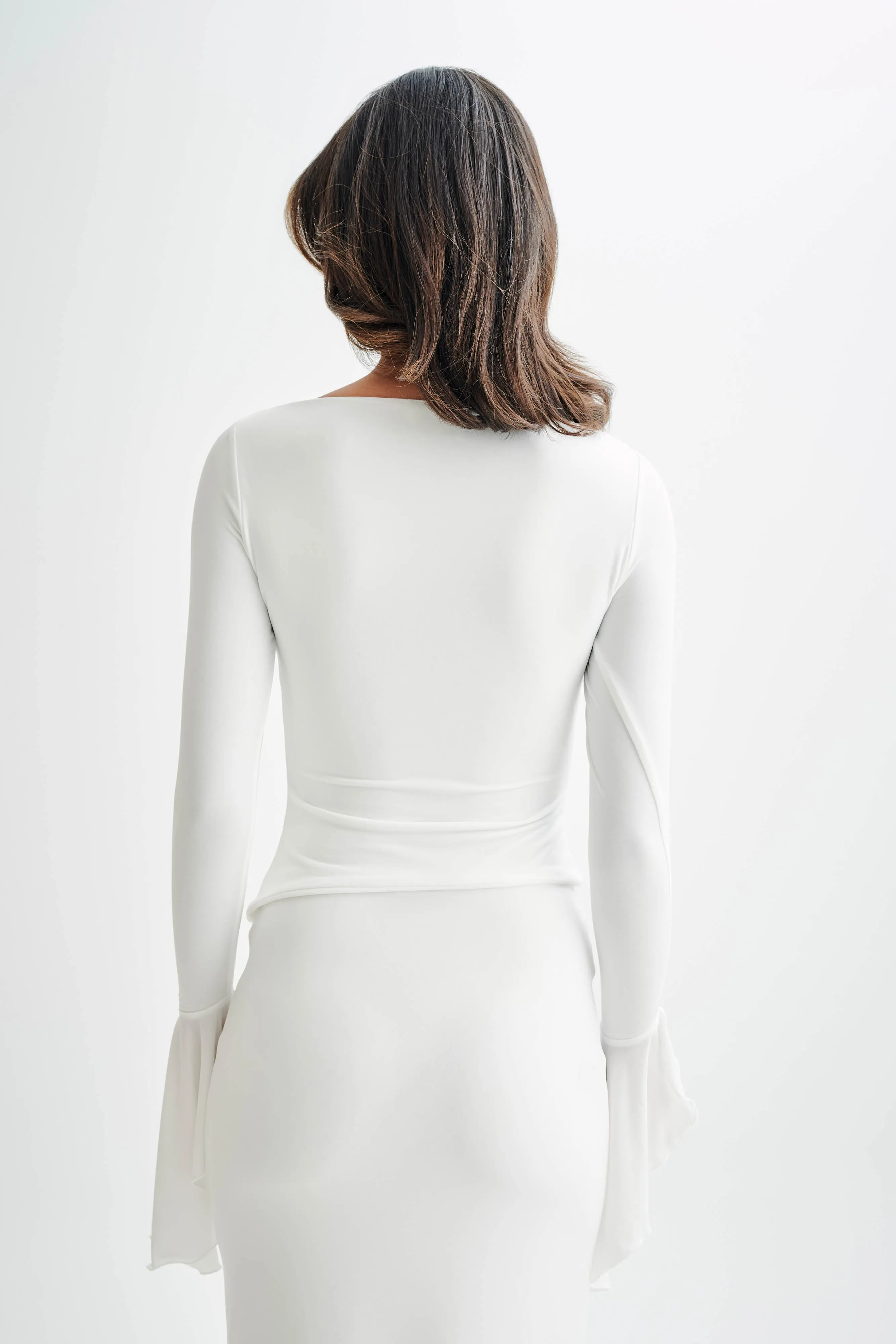 Stevie Bell Sleeve Slinky Top - White Tencel Cotton Hybrid Weave