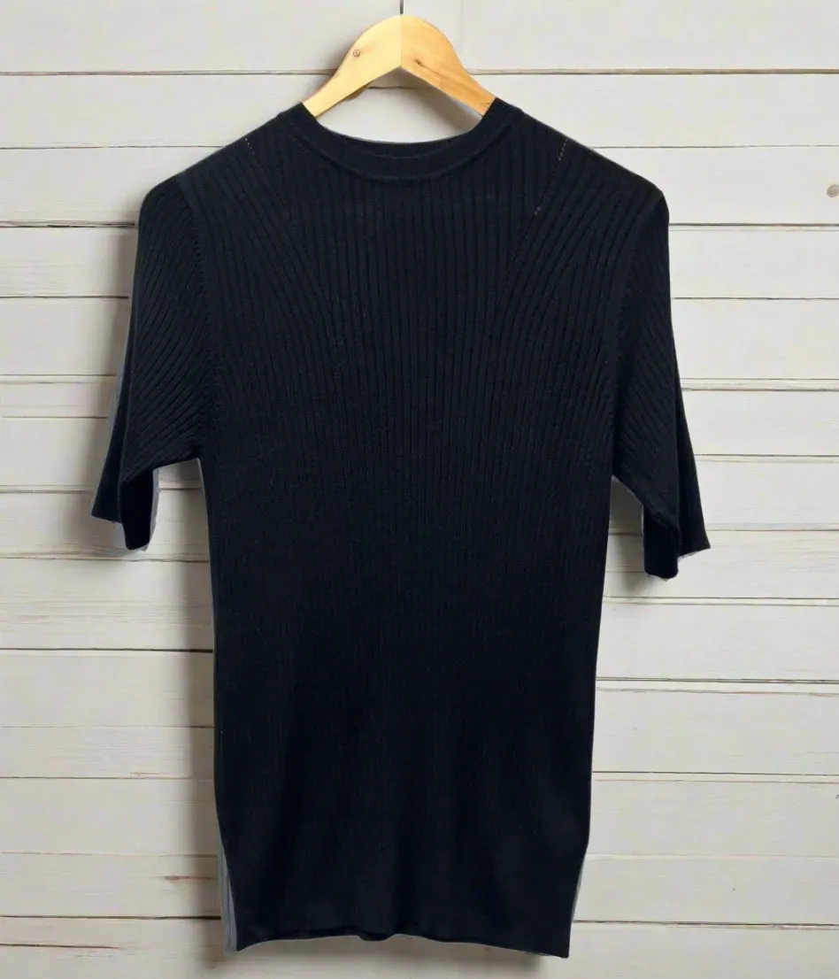 BalancedDrape Black Ribbed Short Sleeve Knit