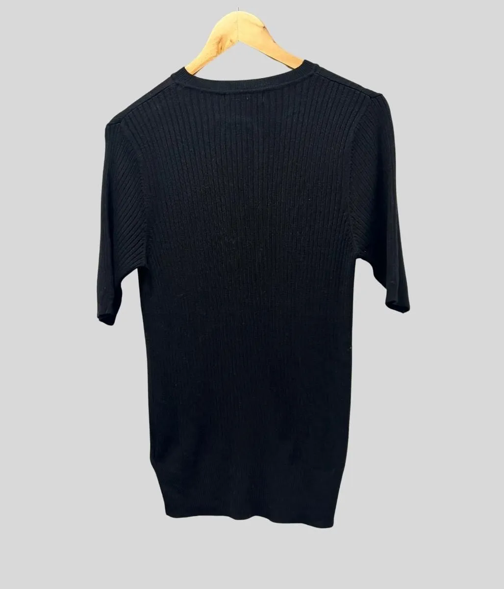 Black Ribbed Short Sleeve Knit Loose Fit