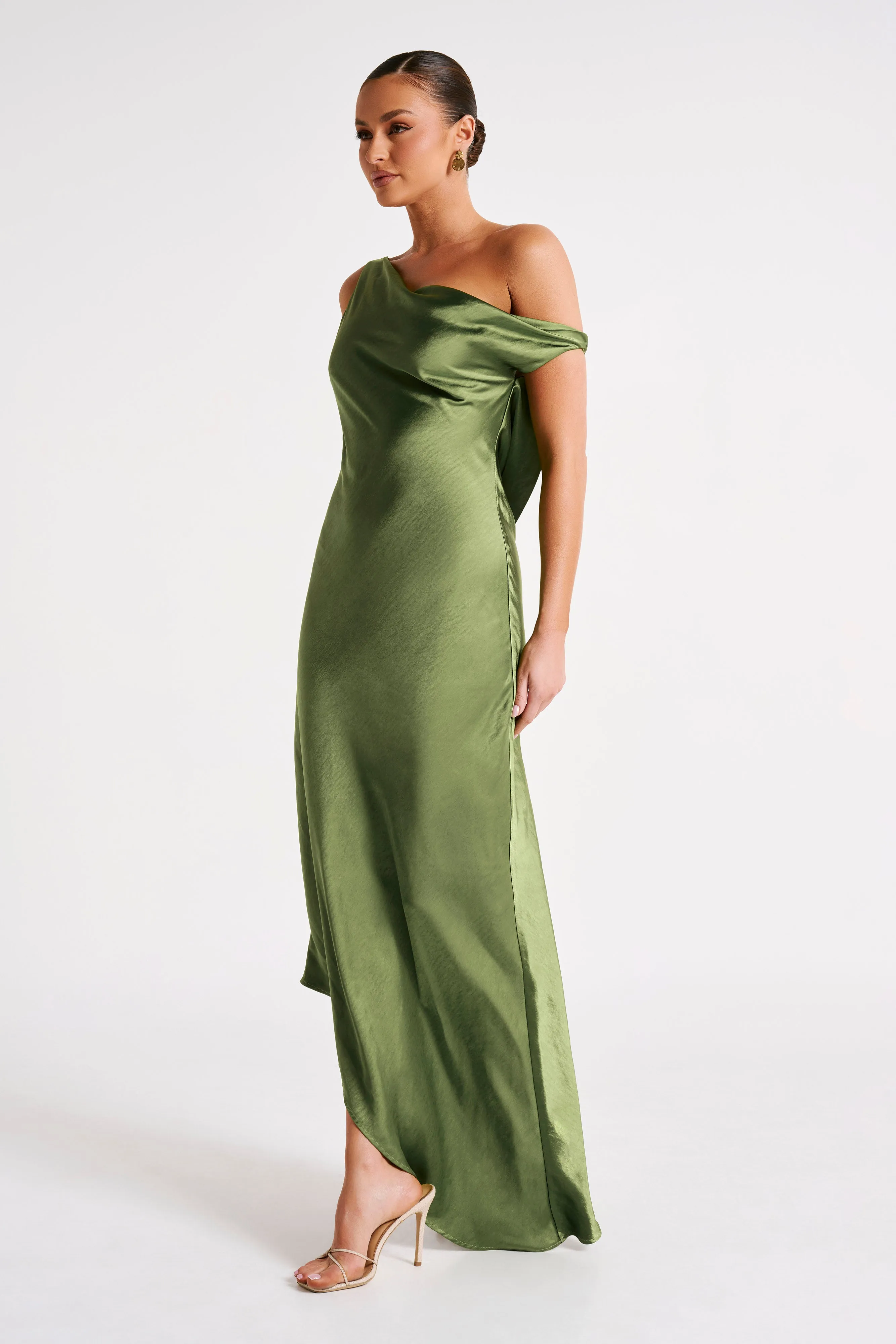 Elastic-Waist Light Volume Yvette Slip Maxi Dress With Asymmetrical Hem - Emerald