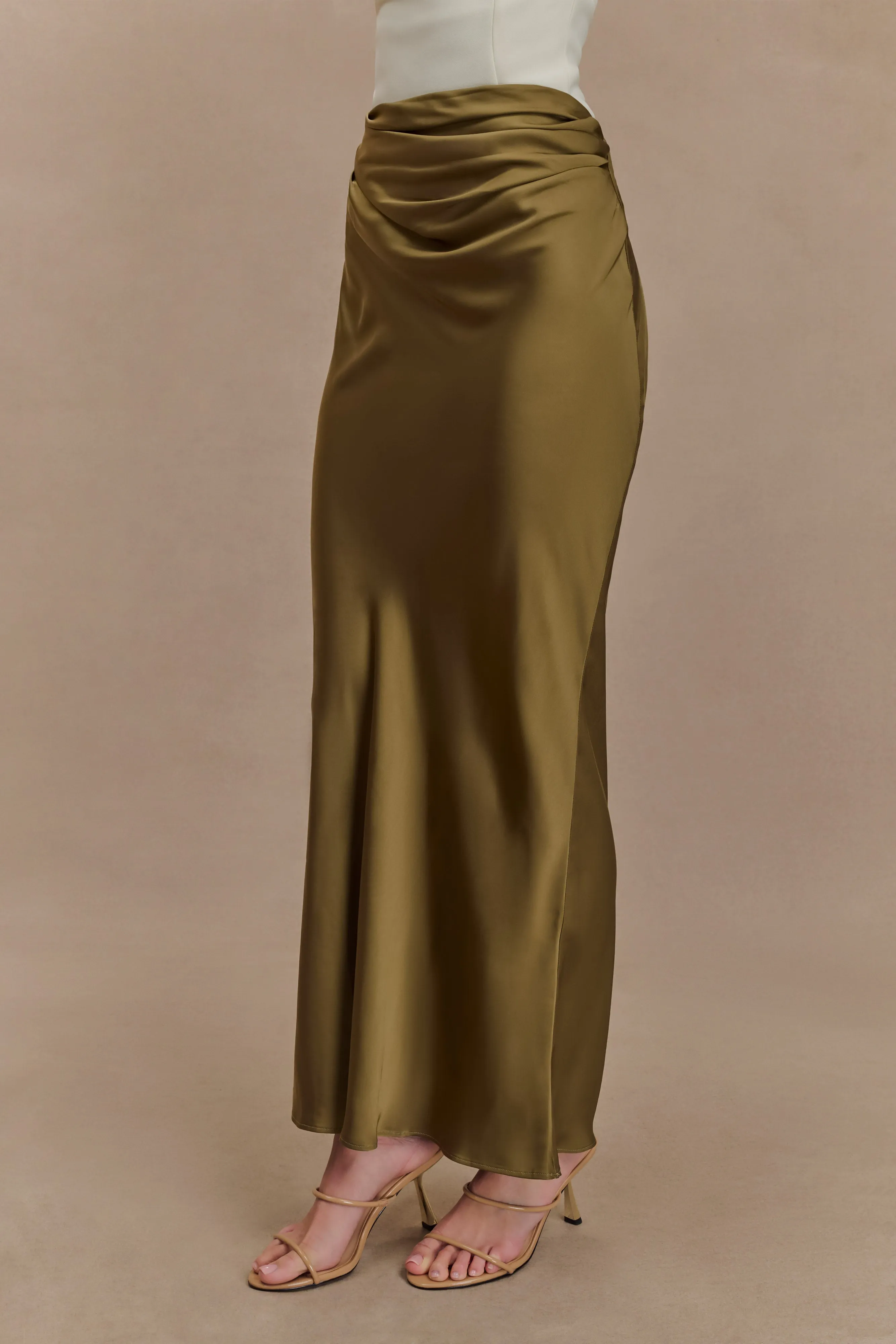 Stretch Fit Seamless Technology Nicola Satin Asymmetric Maxi Skirt - Basil
