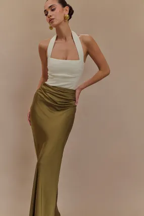 Nicola Satin Asymmetric Maxi Skirt - Basil Flexible Knees