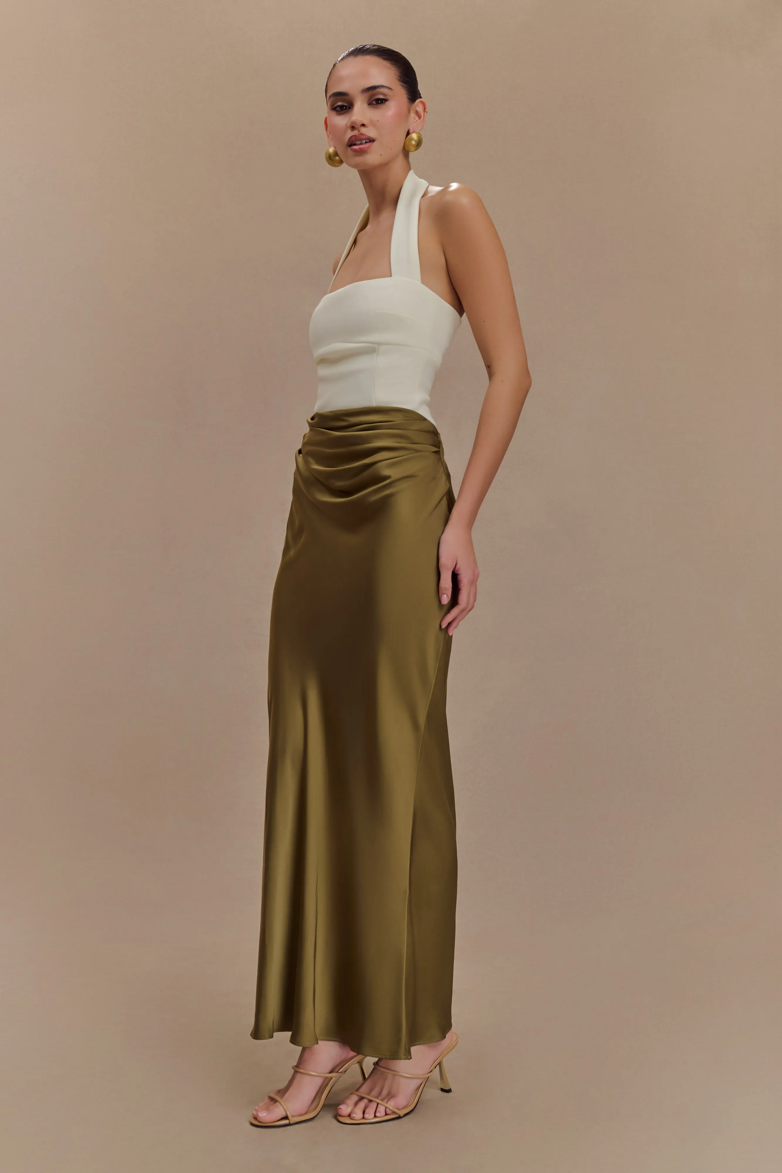 Nicola Satin Asymmetric Maxi Skirt - Basil Perfect Fit Wear Adjustable Belt Loops