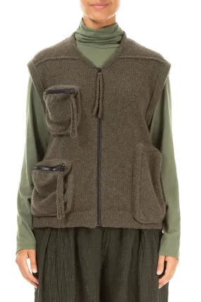 Three Pockets Khaki Wool Gilet Secure Closure System Quick Pull Zipper