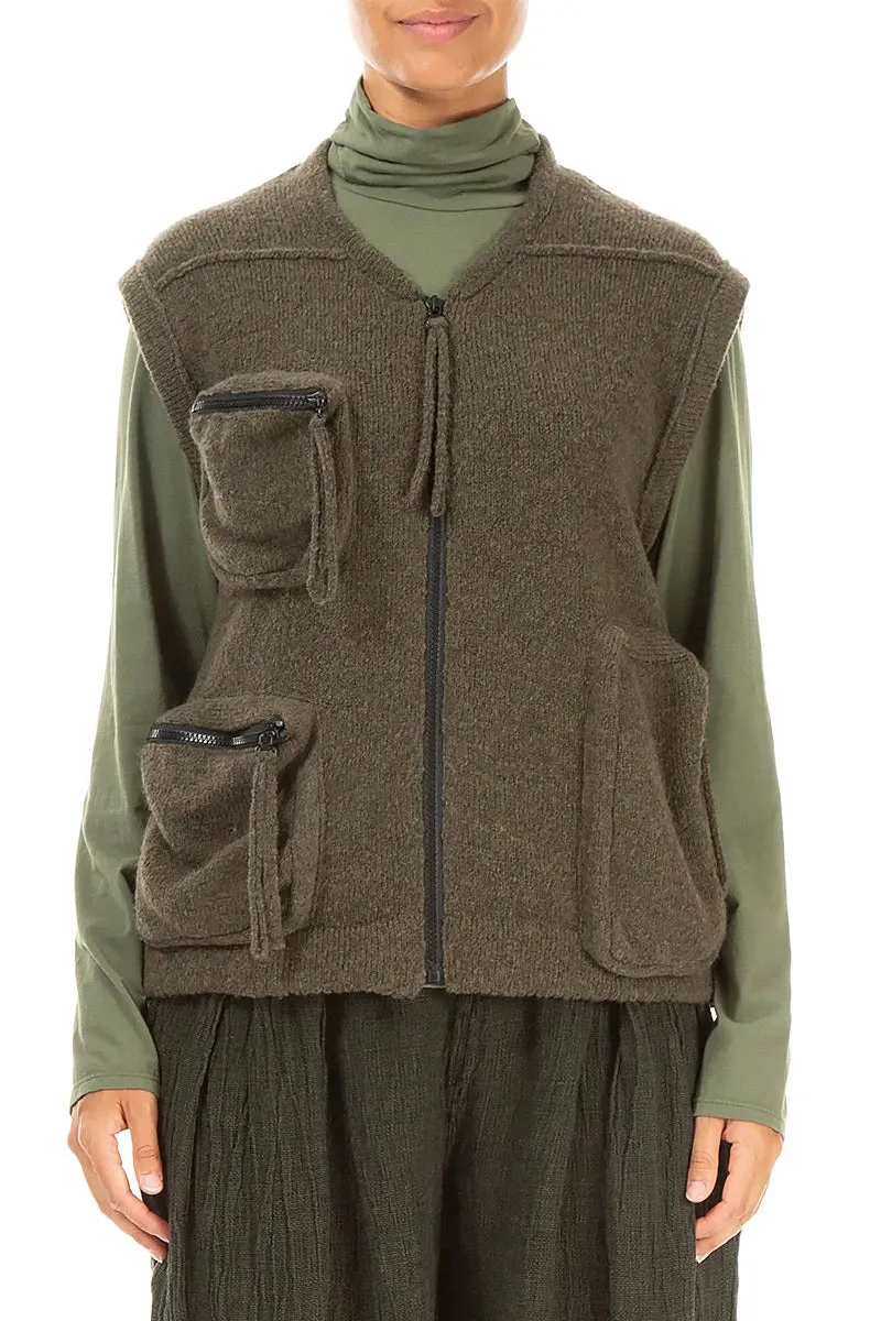 Three Pockets Khaki Wool Gilet Secure Closure System Quick Pull Zipper