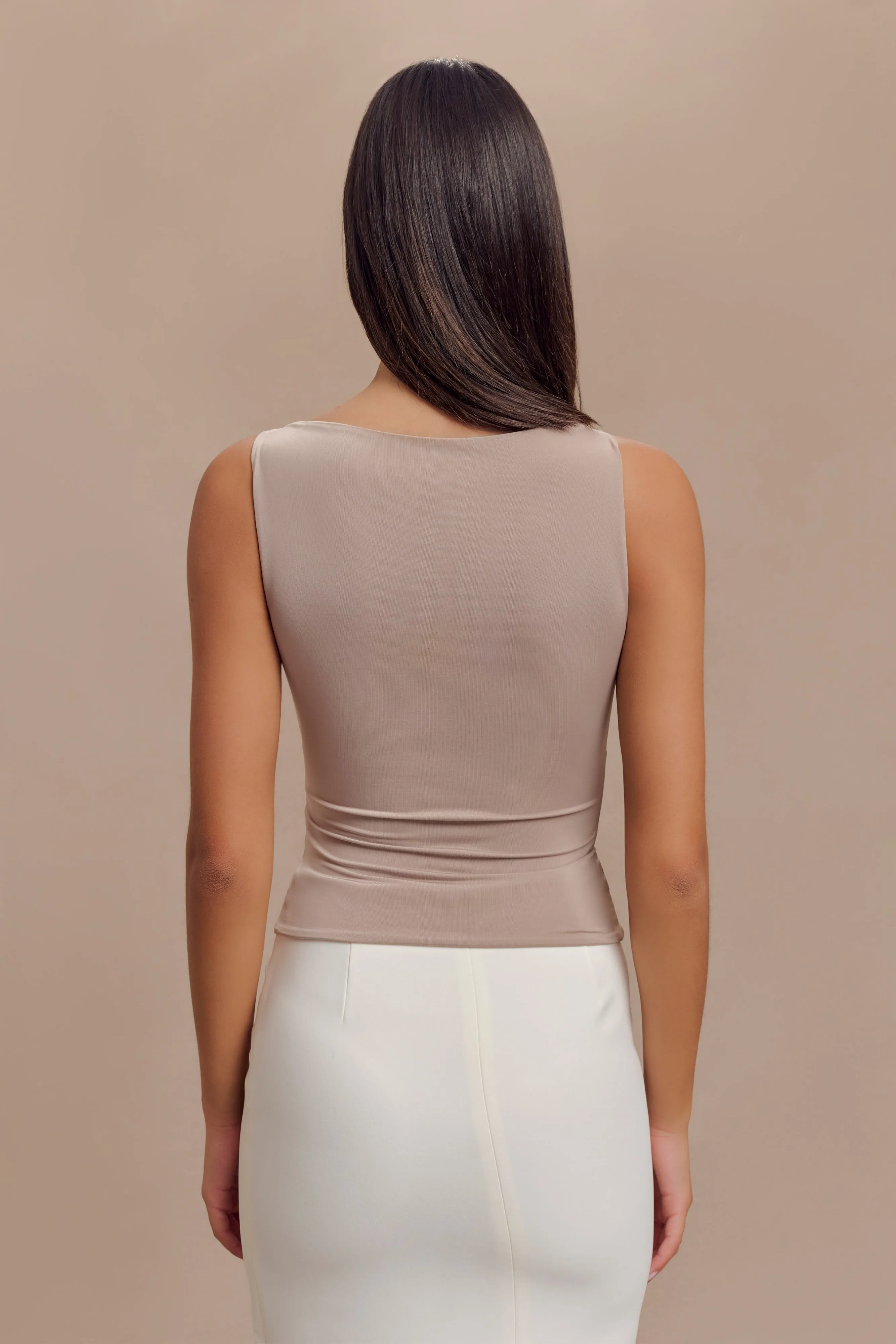 Tiarna Slinky Ruched Top - Taupe Structured Shoulder