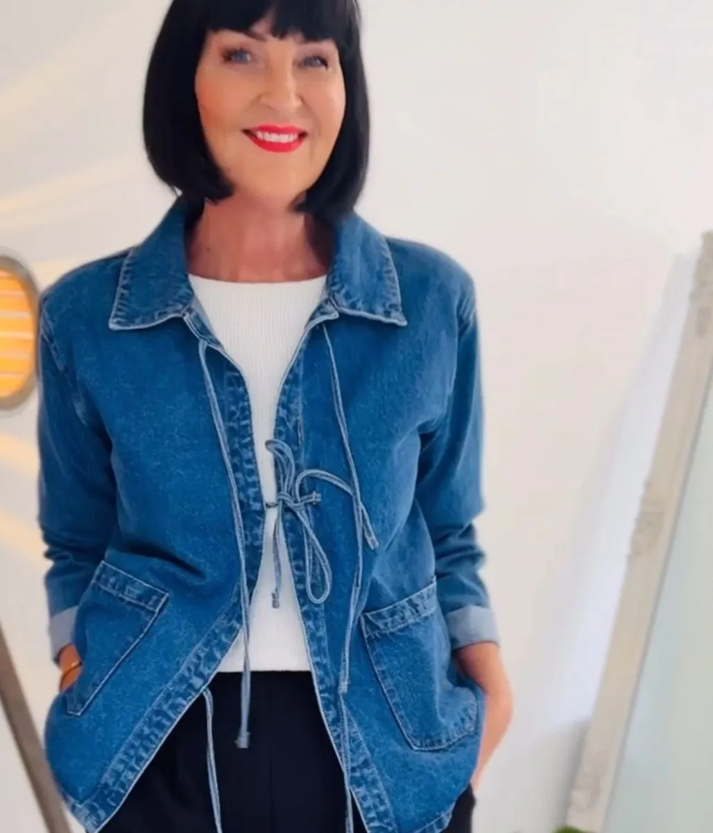 Tie Front Denim Jacket Double Stitch Seams Neutral Tones Look