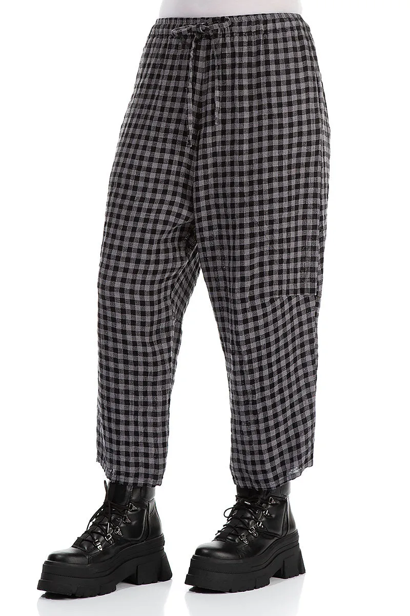 Tie Up Grey Check Linen Trousers Wrinkle-Resistant