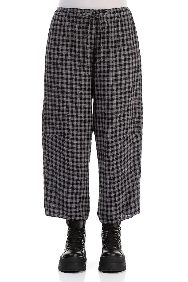 Tie Up Grey Check Linen Trousers Casual Comfort Fit Utility Style